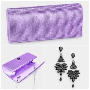 Evening sparkly purple violet purse black earrings